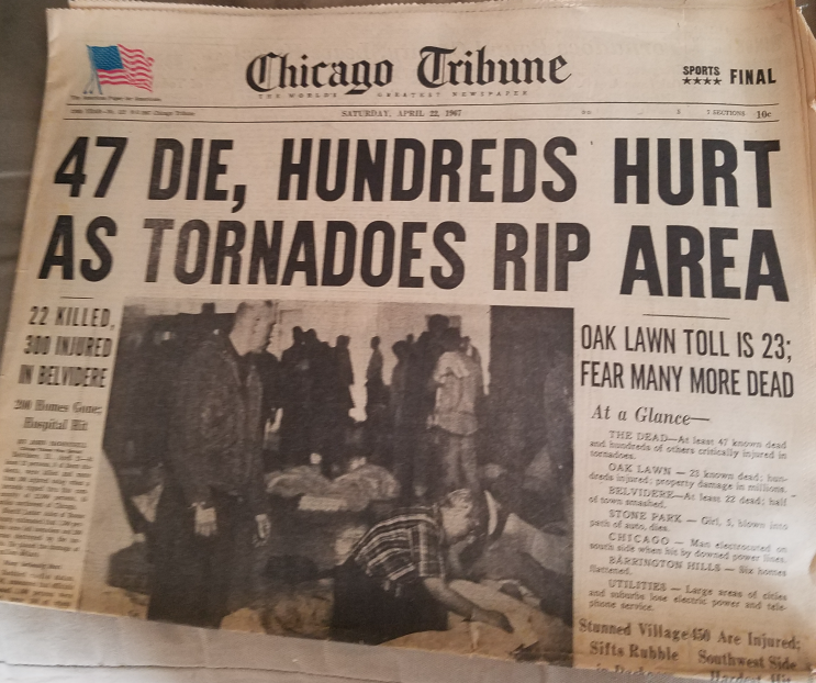 Chicago Tribune newspaper with tornado story