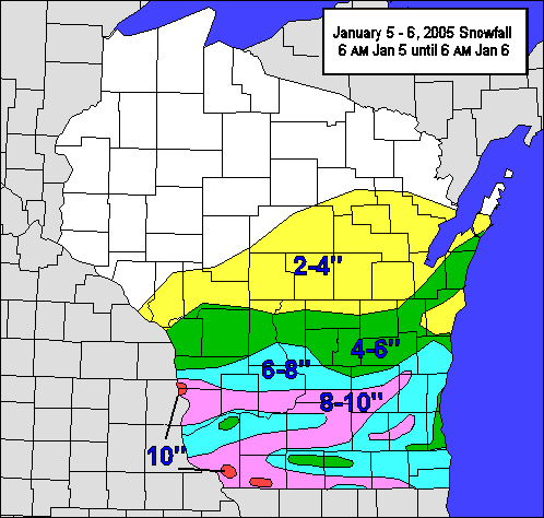 Wisconsin snowfall from January 5-6, 2005