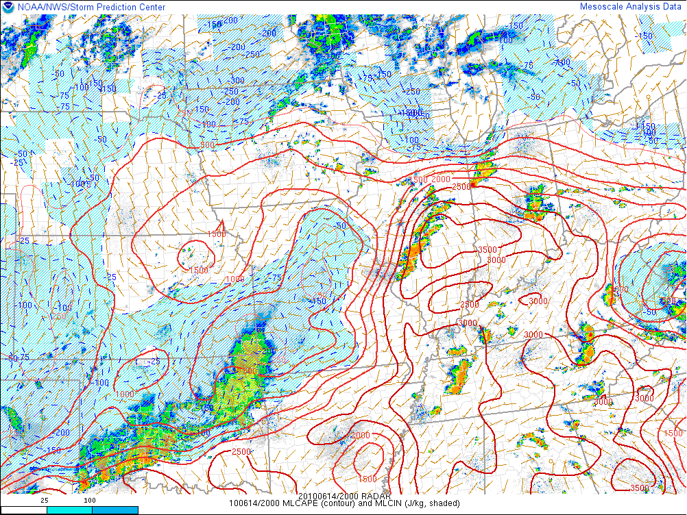 SPC Mesoanalysis of 100 mb MLCAPE at 20z