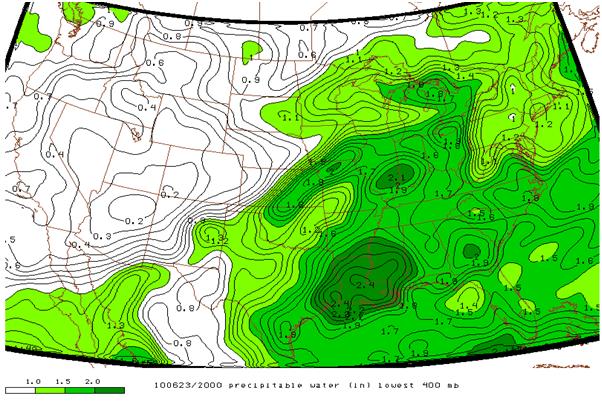 3 PM CDT Precipitable water lowest 400hPa