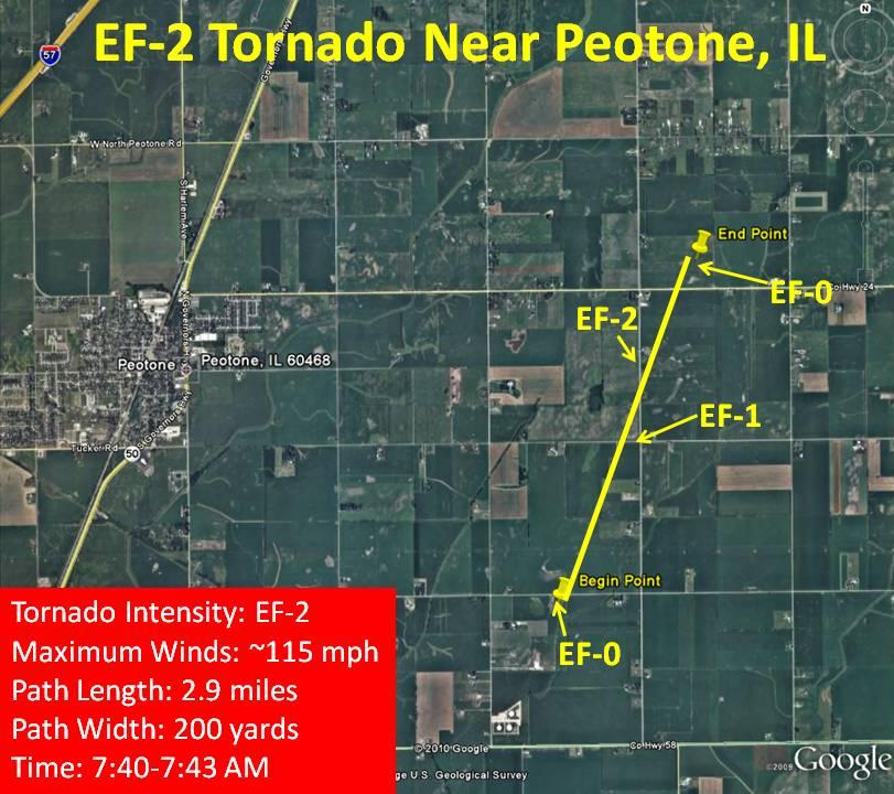 Damage path of EF2 tornado east of Peotone, IL