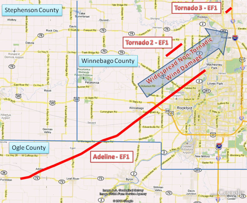 Track of Adeline, Latham Park, and Rockton Tornadoes