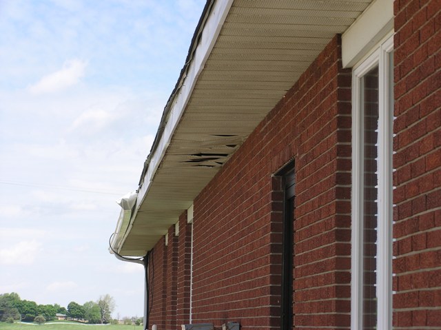 Soffit damage to the west side of the Purdue Agricultural Extension Office.