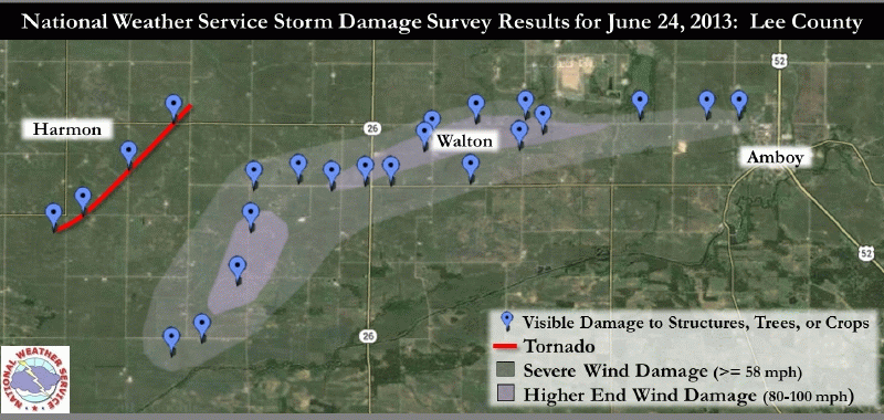 Damage survey for Lee County for 24 June 2013