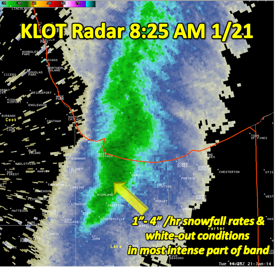 KLOT Radar at 8:25 am on 1/21 showing intense lake effect band