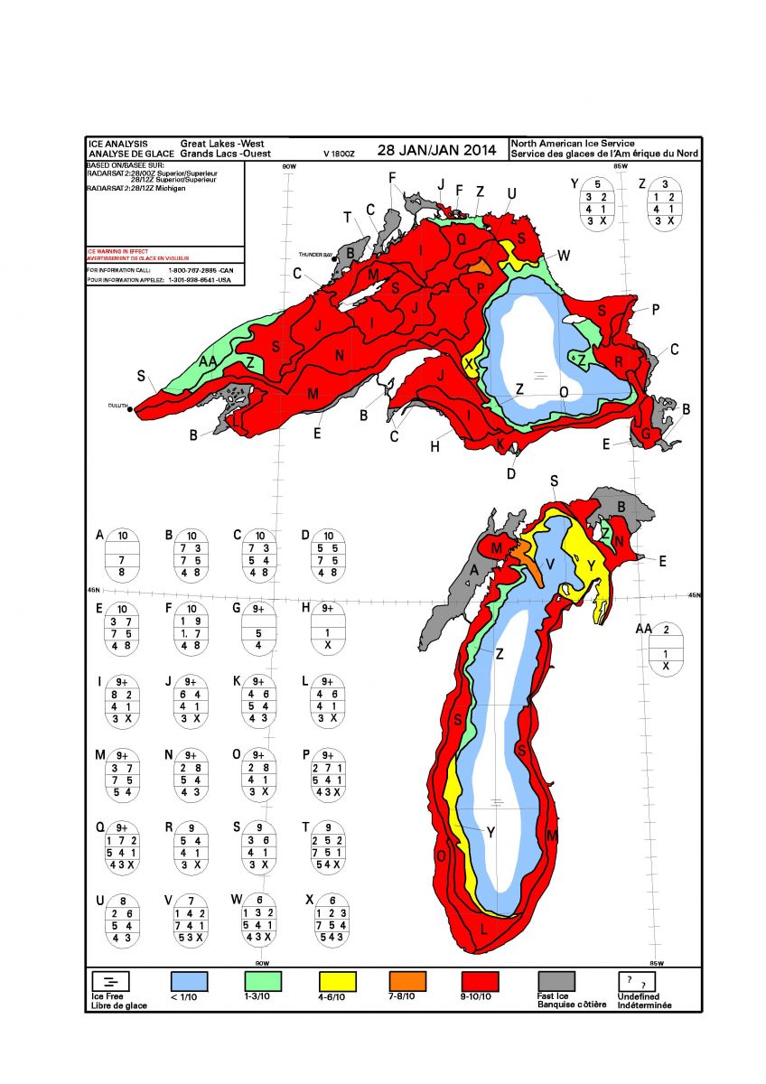 National Ice Center western Great Lakes ice coverage analysis from 28 January 2014