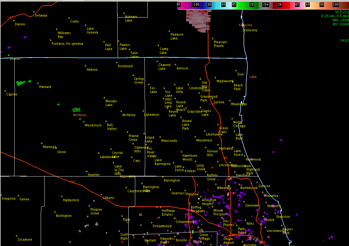 Radar velocity loop for Lake County, IL