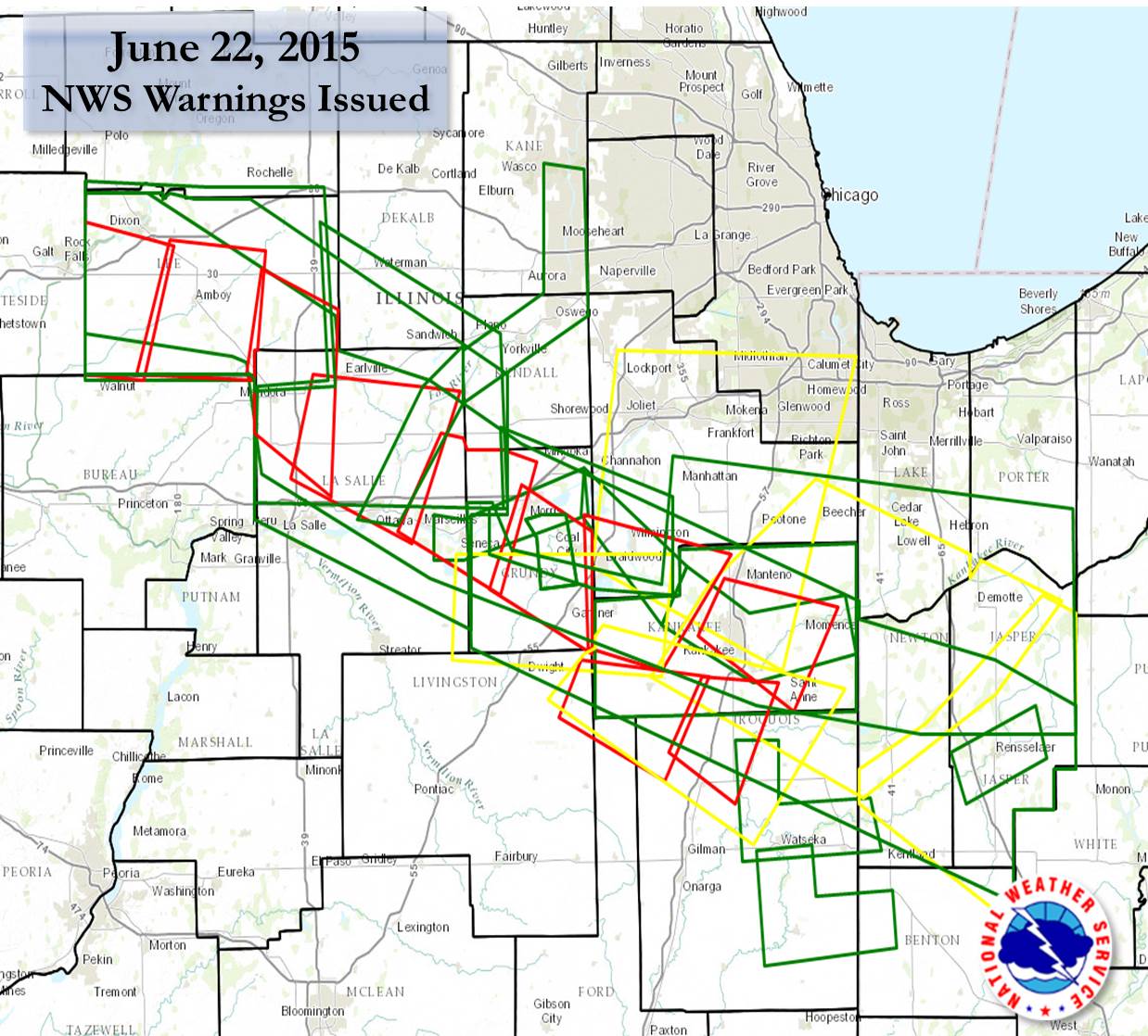 Summary of Warnings Issued from NWS Chicago on June 22nd 2015