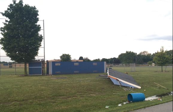 Roof torn off the high school baseball dugout in Cissna Park