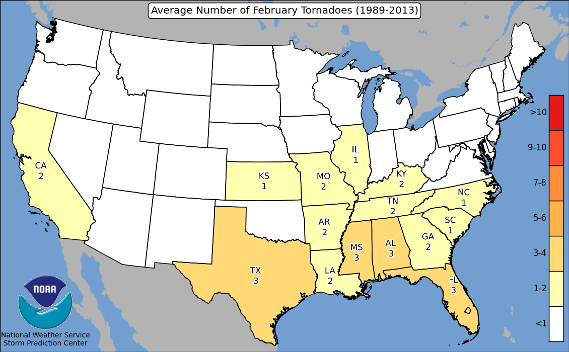 Tornadoes by State in February