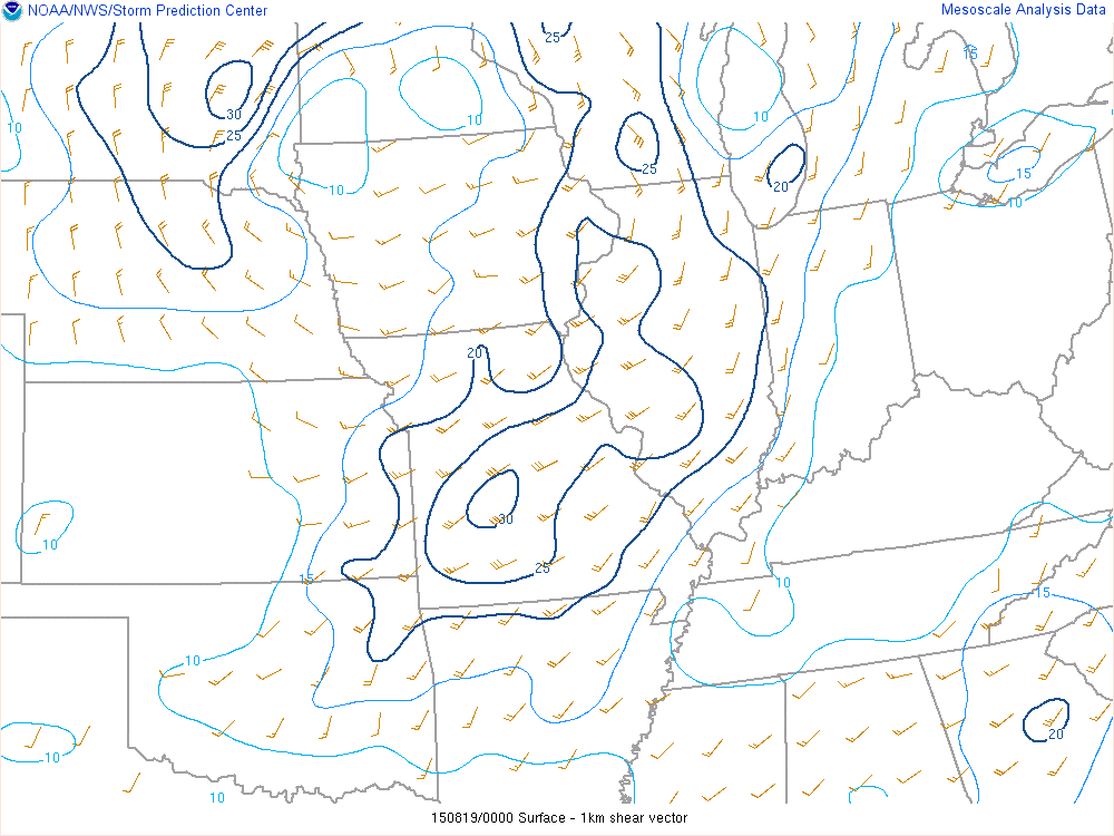 0-1 km Wind Shear at 7pm on 8/18