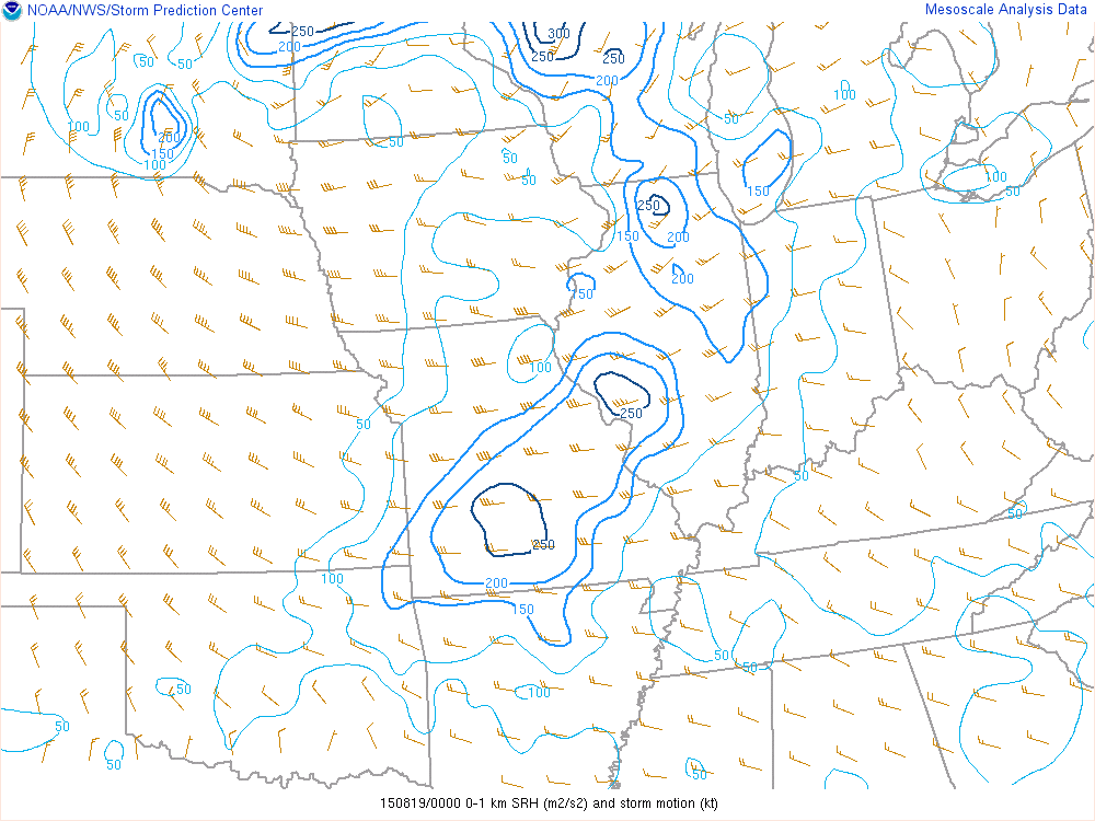 0-1 km Storm Relative Helicity (SRH) at 7pm on 8/18