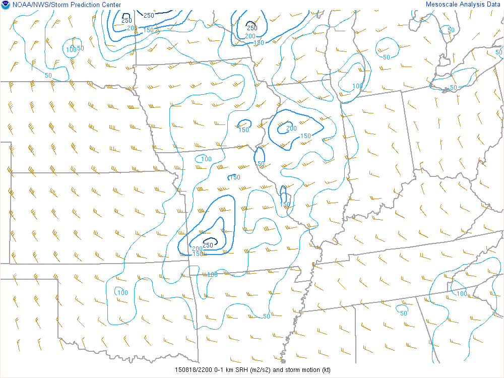 0-1 km Storm Relative Helicity (SRH) at 5pm on 8/18