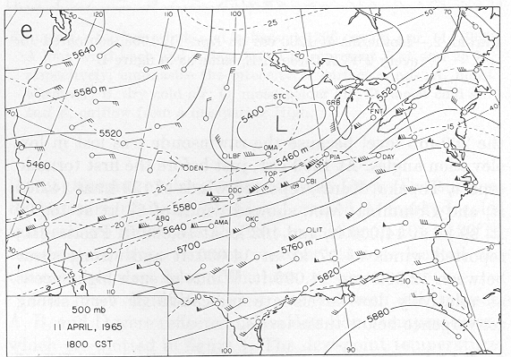 500 mb chart at 6pm CST April 11, 1965.  Notice intense jet streak over the Central Plains.