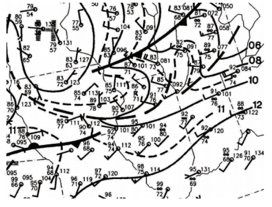 Surface map at 2 pm August 28, showing the cold front moving toward northern Illinois and the warm, moist air ahead of the front.
