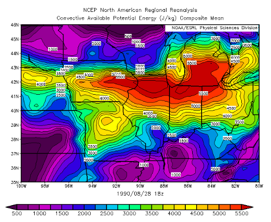 Convective Available Potential Energy (CAPE) for August 28