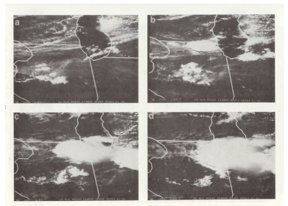 Visible GOES satellite images showing the development of the tornadic thunderstorms. 